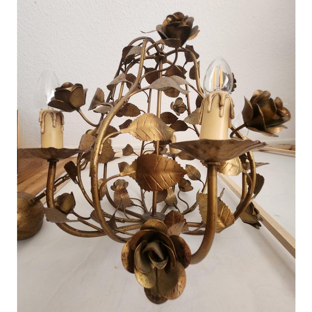 Hollywood Regency 4-Light Floral Chandelier in Hand-Forged Dark Gilt Metal with Rose and Leaf Ornaments, 1960s For Sale - Image 18 of 18