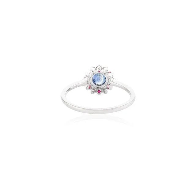 Metal Sapphire Ruby Flower Wedding Ring With Diamonds in 14k White Gold Size 7 For Sale - Image 7 of 13