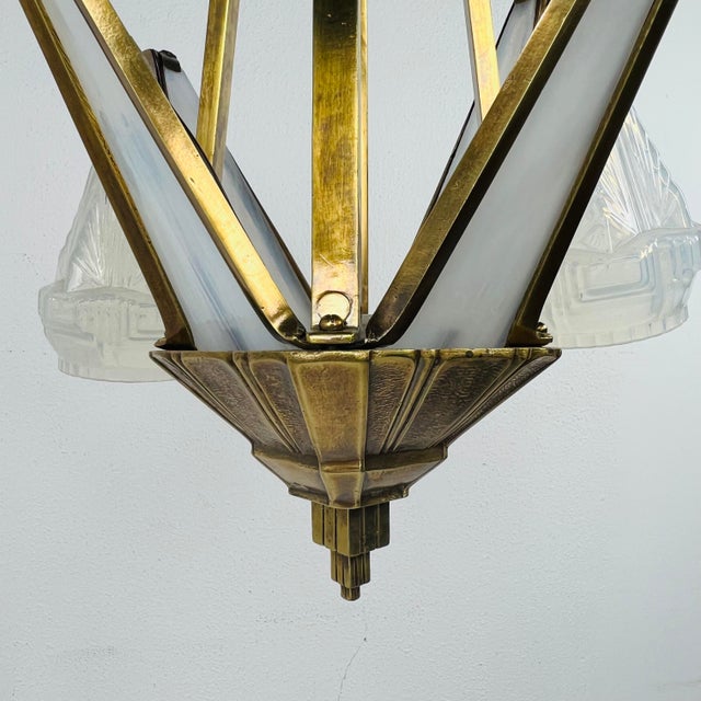 Brass 1930s French Art Deco Milk Glass Chandelier For Sale - Image 8 of 12
