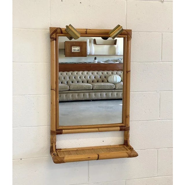 Bamboo mirror 70s with two brass appliques