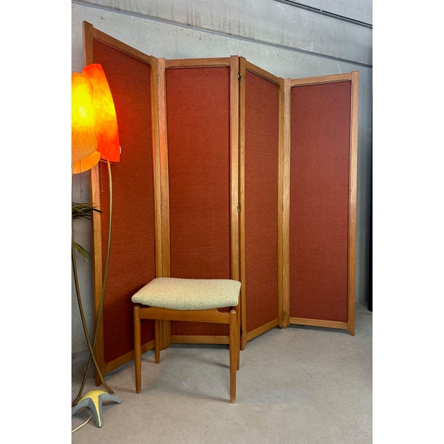 Large, high-quality room divider in oak and fabric. Slim oak frame with brass hinges (can be used in both directions)....