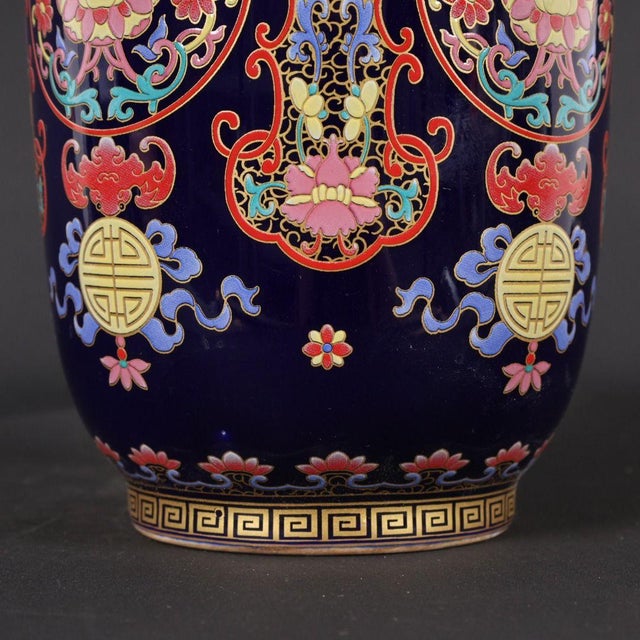 Chinoiserie Dark Blue Ground Famille Rose Shou Symbol Floral Rouleau Vase, Chinoiserie Decor Vessel For Sale - Image 3 of 9