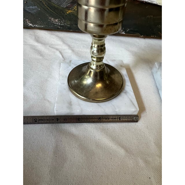 Metal Pair of 1970s Brass Candle Holder With Marble Bottoms For Sale - Image 7 of 10
