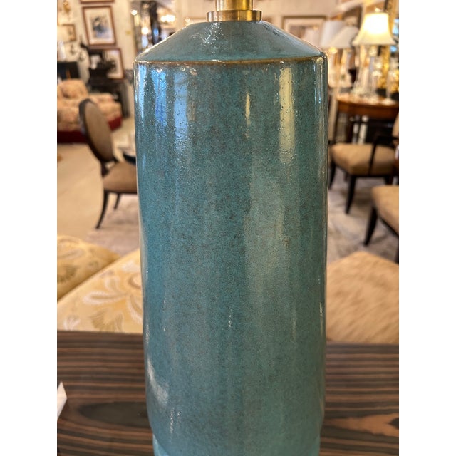 Visual Comfort Large Cerulean Blue Ceramic Pottery Table Lamps -a Pair For Sale - Image 4 of 10
