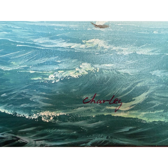 This expressive maritime oil painting depicts a majestic tall ship cutting through rolling open seas beneath a luminous,...