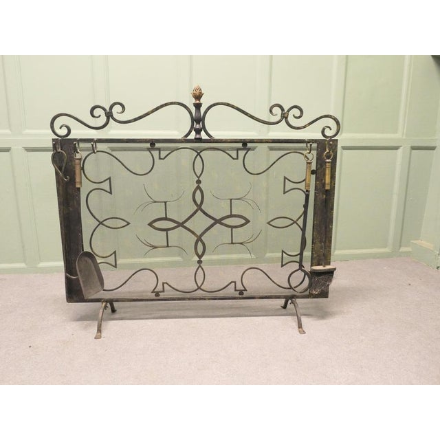 Large Wrought Iron Fire Screen with Fire Irons, 1930, Set of 5 For Sale - Image 6 of 9