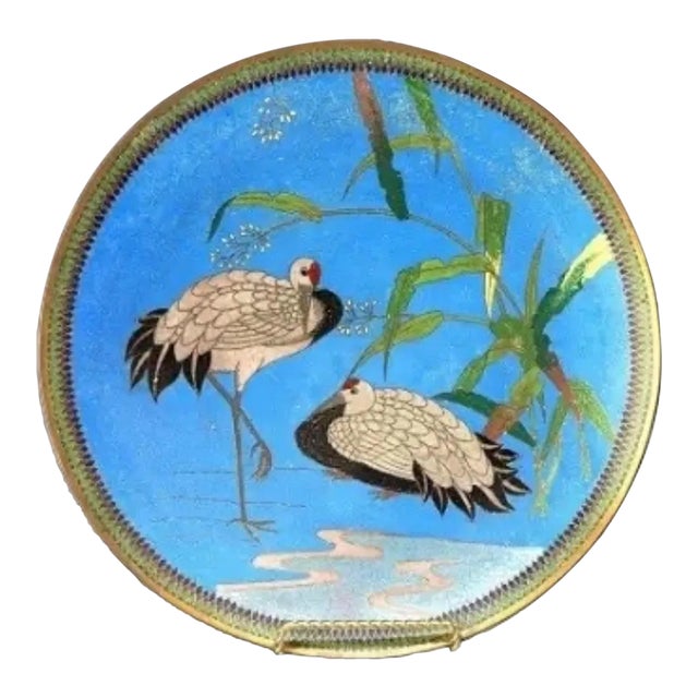 Antique Japanese Meiji Cloisonné Enameled Charger With Birds, Circa 1920s For Sale
