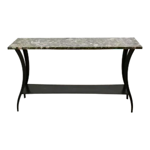 1990s Sofa Table in Cultured Quartz Table Top with Stone Path Pattern Wrought Iron Work Base