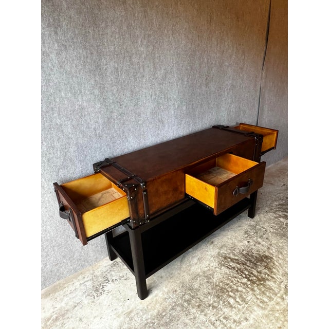 Vintage Faux Leather Suitcase Console Table With 3 Drawers For Sale In Washington DC - Image 6 of 12