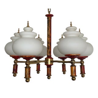 Brass Glass Ball Six Light Chandelier, 1950s For Sale