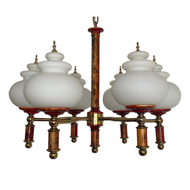 Brass Glass Ball Six Light Chandelier, 1950s For Sale