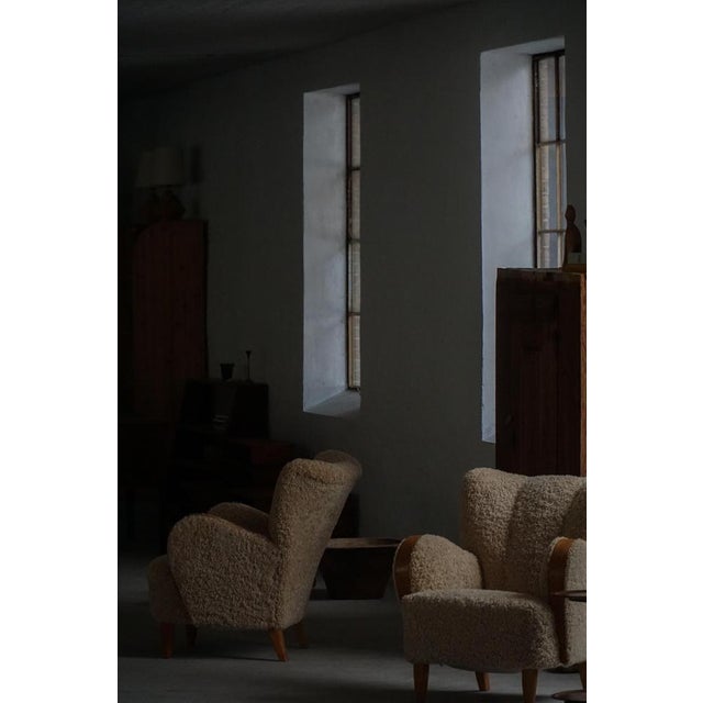 Danish Modern Art Deco Lounge Chairs in Shearling Lambswool & Elm, 1940s, Set of 2 For Sale - Image 17 of 18