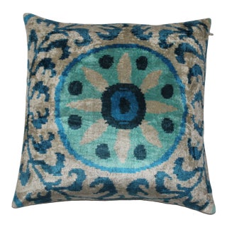Light Blue Hand Knotted Turkish Silk Velvet Ikat Pillows For Sale