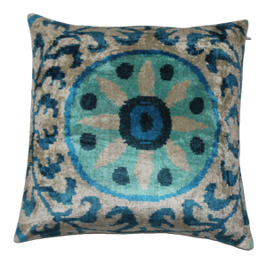 Light Blue Hand Knotted Turkish Silk Velvet Ikat Pillows