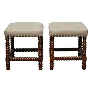 Pair of English 19th Century Hardwood Bobbin Stools with Linen Upholstery For Sale