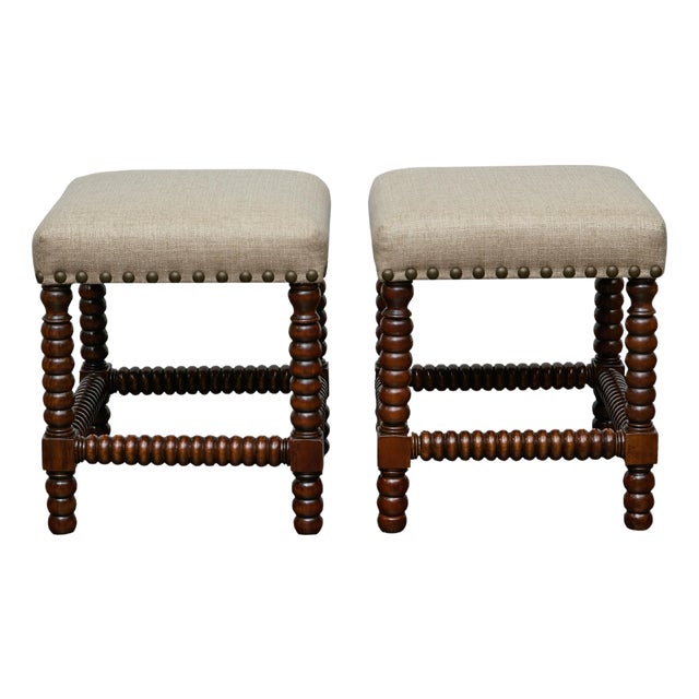 Pair of English 19th Century Hardwood Bobbin Stools with Linen Upholstery For Sale