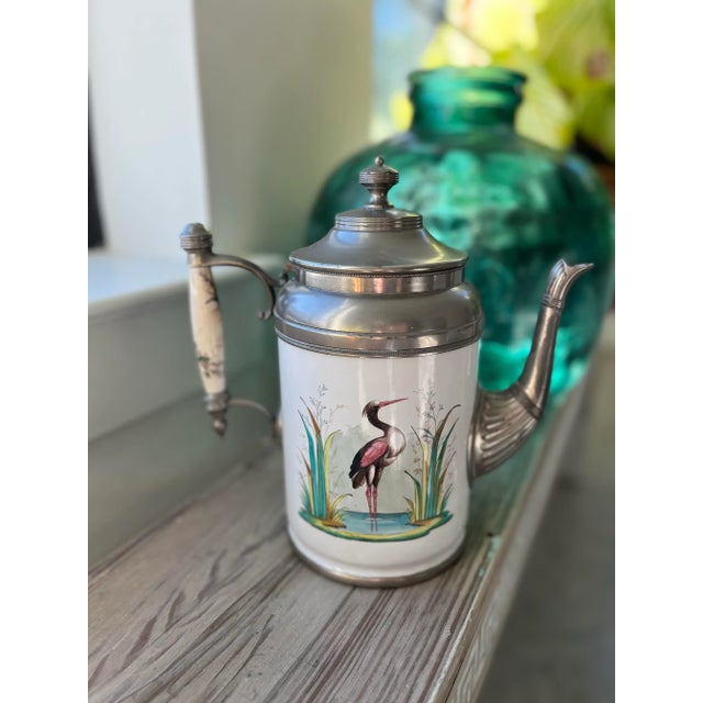 Late 19th Century Antique Manning, Bowman & Co Painted Heron Enamel & Pewter Coffee Pot C. Late 1800s For Sale - Image 5 of 11