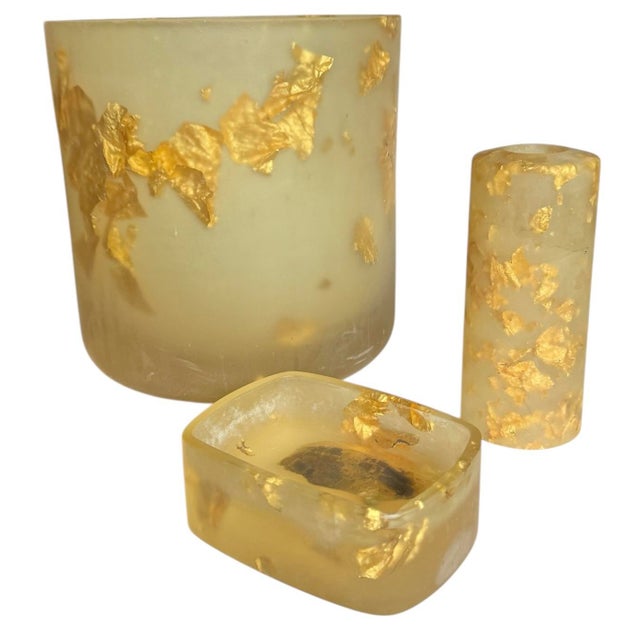 Plastic 1990s Vintage Martha Sturdy Suspended Gold Leaf in Resin Bathroom Set - 3 Pieces For Sale - Image 7 of 11