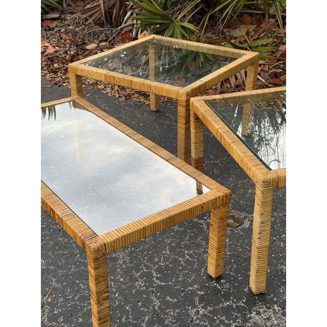 Brown Vintage Coastal Rattan 3-Piece Living Room Table Set With Glass Tops For Sale - Image 8 of 9