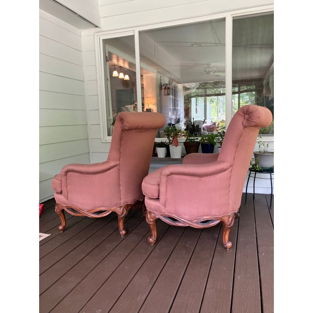 Henredon Upholstered English Arm Carved Base Club Chairs- A Pair For Sale - Image 14 of 17