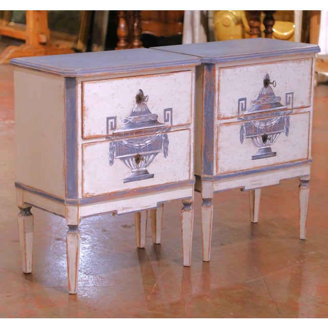 Pair of 19th Century French Louis-Philippe painted nightstands or small commodes, crafted in France circa 1890 and built...