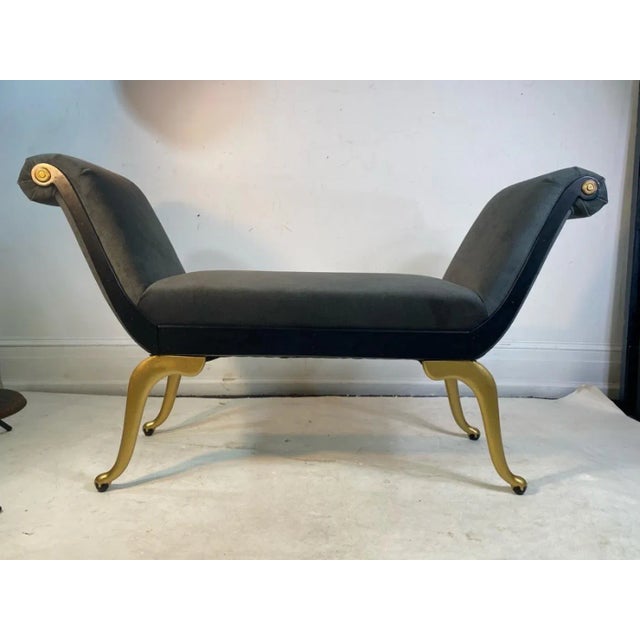 Beautiful Neo Classical Art Deco Black Lacquered Wood And Metal Ball And Claw Footed Bench With Grey And Black Patterned...