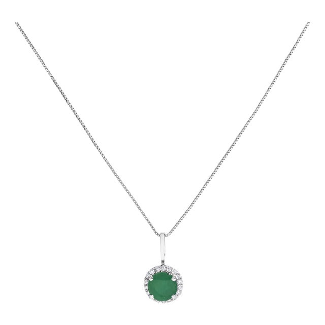 10K White Gold Green Emerald and 1/10 Cttw Diamond Accent Halo Pendant Necklace For Sale