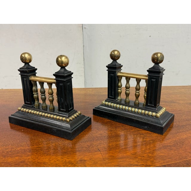 English Antique Heavy Casted Iron + Brass Fire Dogs, Pair For Sale - Image 3 of 12