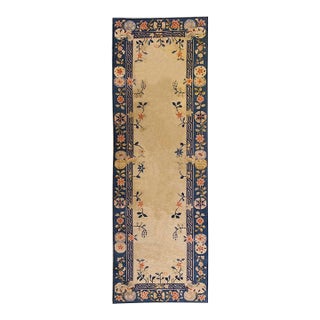 1920s Beige Floral Shou Antique Chinese Rug 4' 2'' X12' 0'' Knotted Wool Carpet For Sale