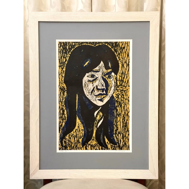 Vintage Original Numbered Woodprint Portrait of Girl With Long Hair on Japanese Rice Paper #3 of 10 For Sale - Image 4 of 8