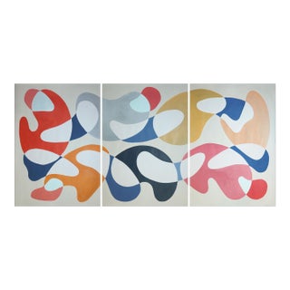 2026, Mid Century Modern Style, Contemporary Painting of Primary Tones and Curves, Triptych, Acrylic Paint on Watercolor Paper For Sale