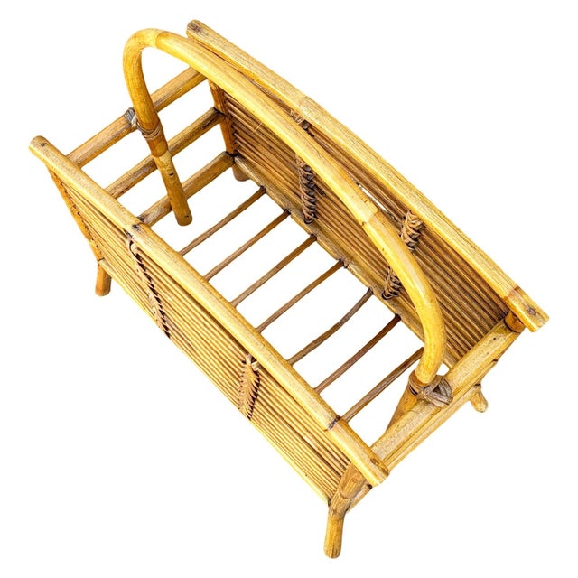 Wood Restored Mid 20th Century Stacked Reed Rattan Magazine Rack For Sale - Image 7 of 8