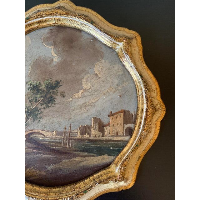 Grand Tour Vintage Italian Capriccio Framed Oil on Canvas Painting of Landscape With Ruins For Sale - Image 3 of 3