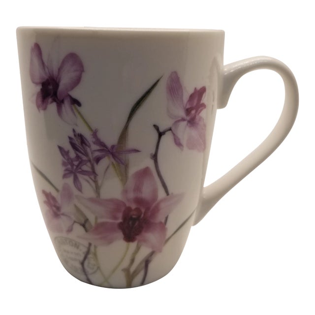 Vintage Asian Inspired Porcelain Orchid Handpainted Coffee Cup For Sale