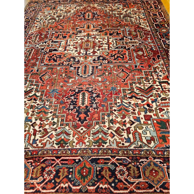 Vintage Persian Heriz Rug, Hand-Knotted Wool, Geometric Medallion Pattern, Red & Navy, 9x11 For Sale - Image 4 of 17