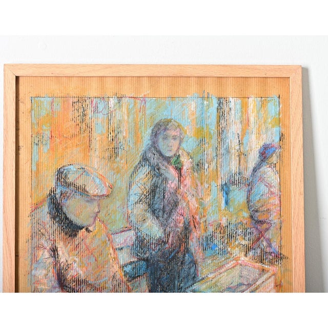 Wood French Vintage Framed Pastel Drawing of a Farmer's Market For Sale - Image 7 of 10