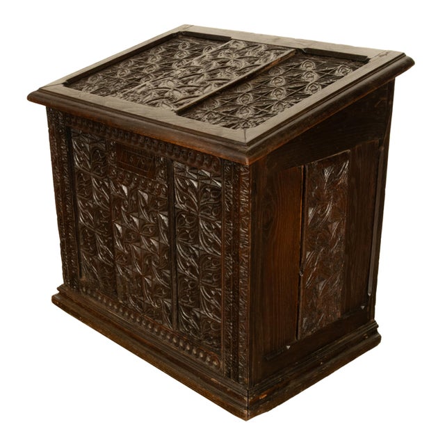 Antique French Medieval Gothic Carved Oak Chest Coffer 17th Century Panels 1679 For Sale - Image 15 of 16