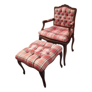 Vintage Walnut French Provincial Armchair & Ottoman Set in Rich Plaid Upholstery For Sale