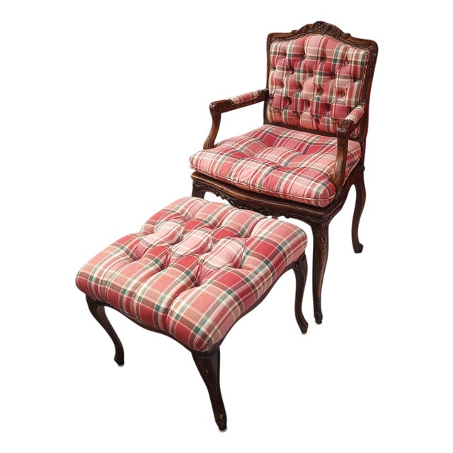 Vintage Walnut French Provincial Armchair & Ottoman Set in Rich Plaid Upholstery For Sale