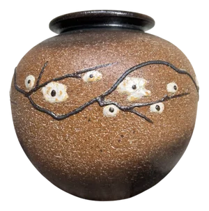 Japanese Ceramic Ikebana Flower Vase with Sakura Decor, Shigaraki, 1970s