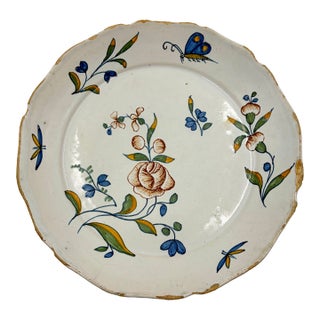 Antique 18th Century French Faience Floral & Butterfly Plate For Sale