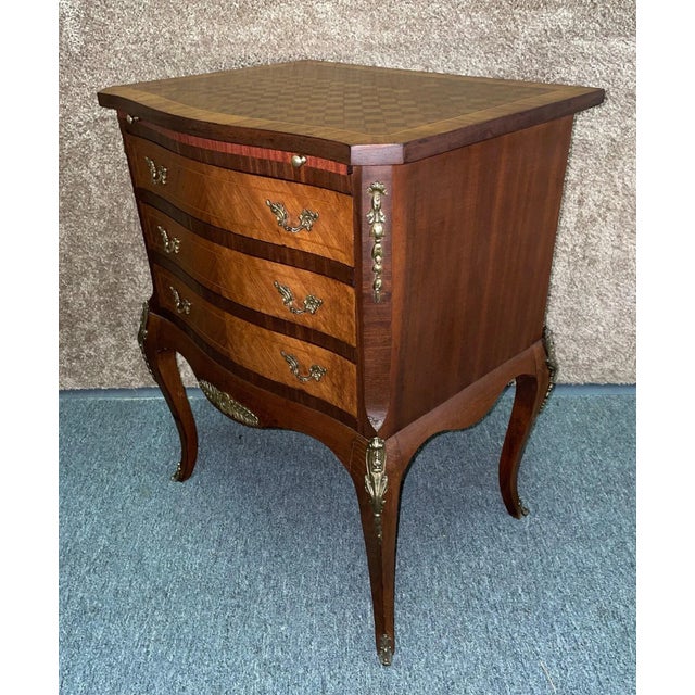 Vintage French Style Wood/Parquet Inlaid Three Drawer Chest W/Brass Ormolu For Sale - Image 4 of 10