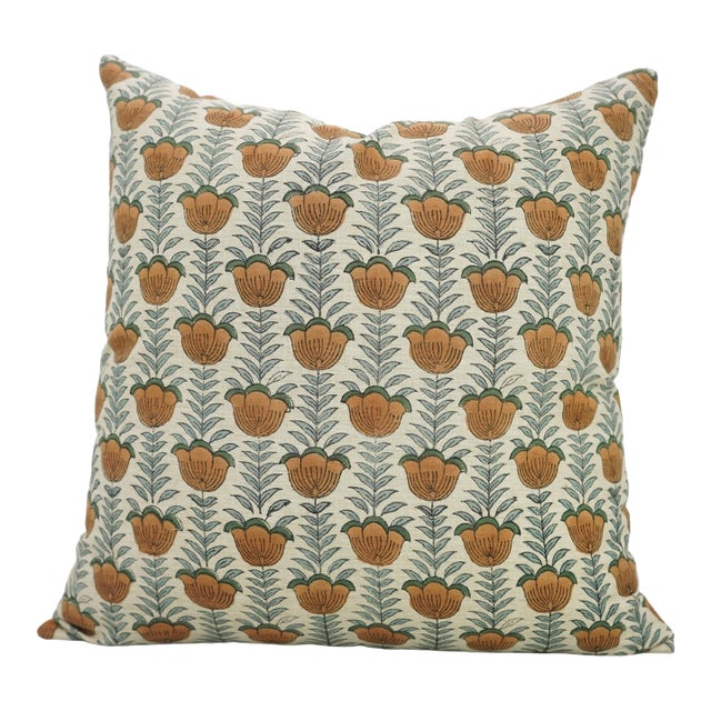 Fabdivine Handcrafted Block Lotus Print Linen Blend Cushion Cover- 22x22 For Sale