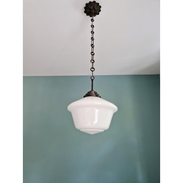 Bauhaus Large Art Deco Pendant Light in White Opaline Glass, 1930s For Sale - Image 3 of 13