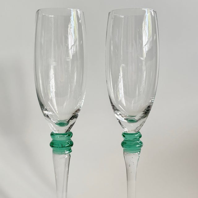 Contemporary Vintage Champagne Flutes Clear Glass With Green Stem Detail, 9" - Set of 2 For Sale - Image 3 of 7