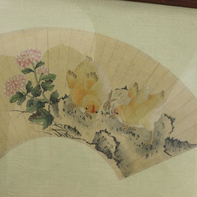 Vintage Chinese Fan Painting Chicks Catching Bugs With Pink Flowers Framed Ink and Color on Paper With Calligraphy For Sale - Image 4 of 11