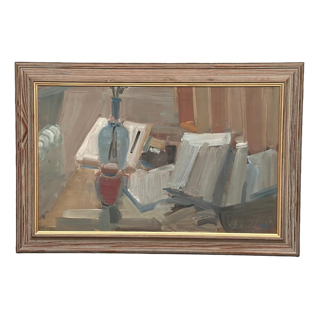 Gösta Stawåsen, Vase and Books, 1950s, Oil on Canvas, Framed For Sale