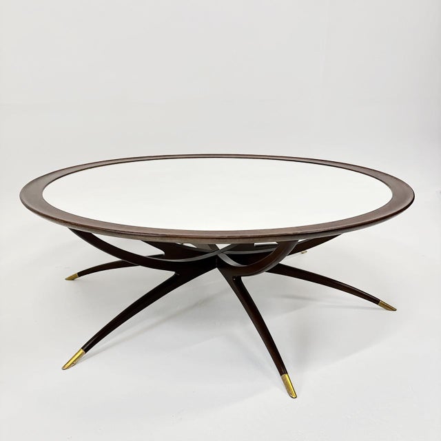 Large Spider leg coffee table with milk glass top and patinated brass sabot legs. Similar to designs by Ico Parisi and...