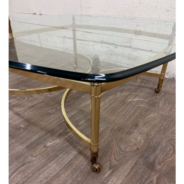 Metal Vintage Hollywood Regency Brass Coffee Table With Beveled Glass Top For Sale - Image 7 of 13