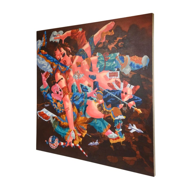 This large and colorful acrylic painting by the noted artist and painter; Lu Peng is titled "Floating " and was created in...